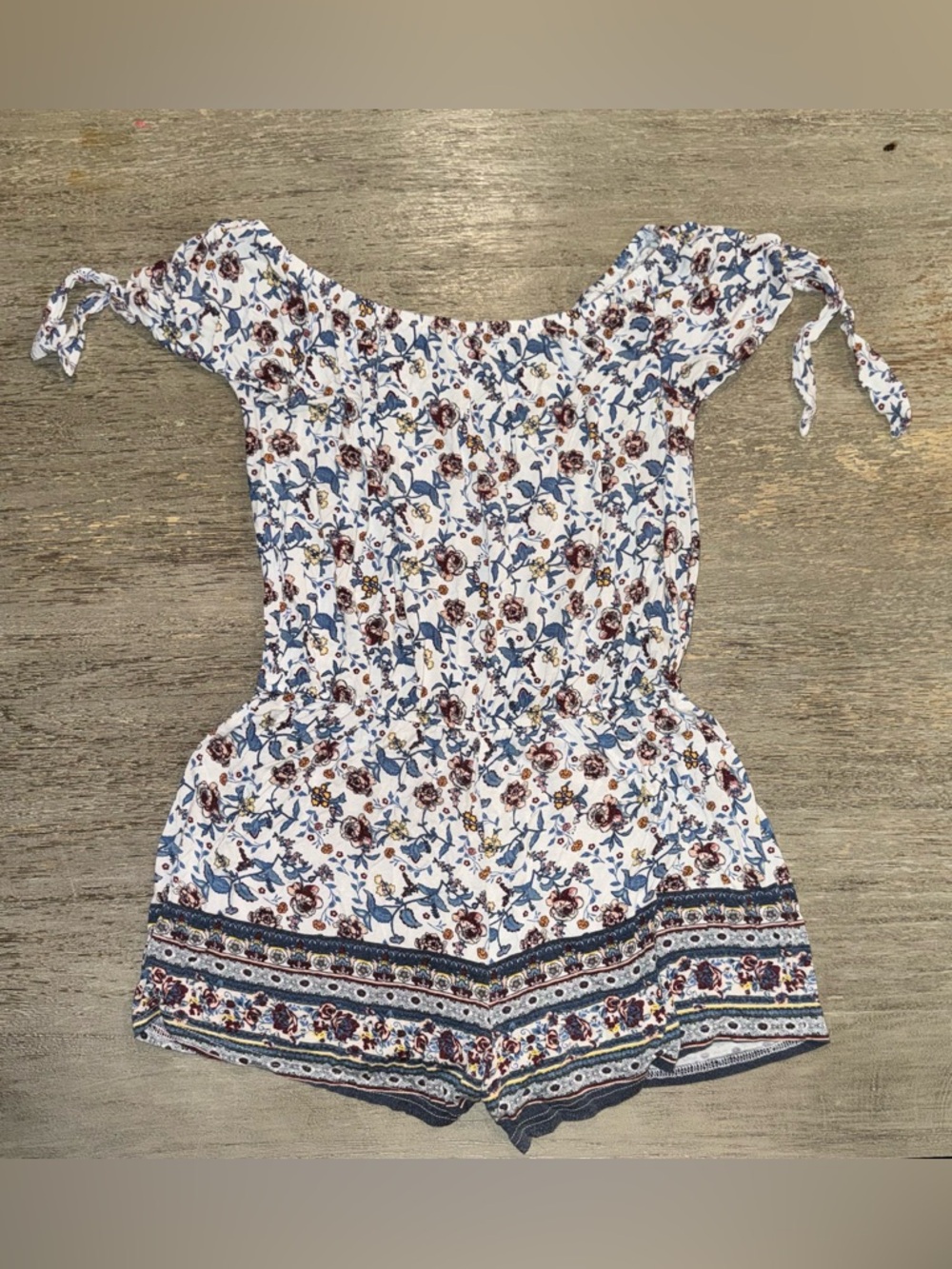 Rue21 White Floral Off-Shoulder Romper with Blue & Brown Accents